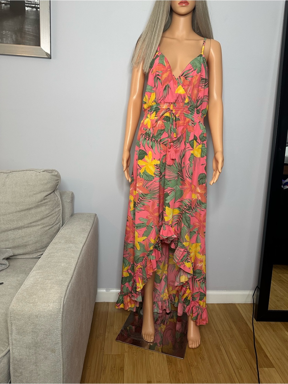 Floral Pink Tropical Ruffle Maxi Dress Sz XL